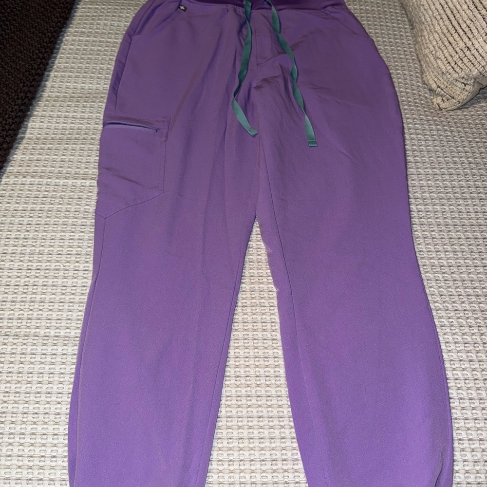 Figs Purple Track Jogger Pants with Green Drawstring